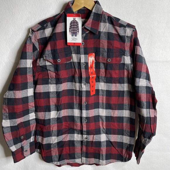 JACHS Red Blue  Brawny Plaid Flannel Men's MEDIUM Long Sleeve Shirt Pockets - Picture 2 of 10